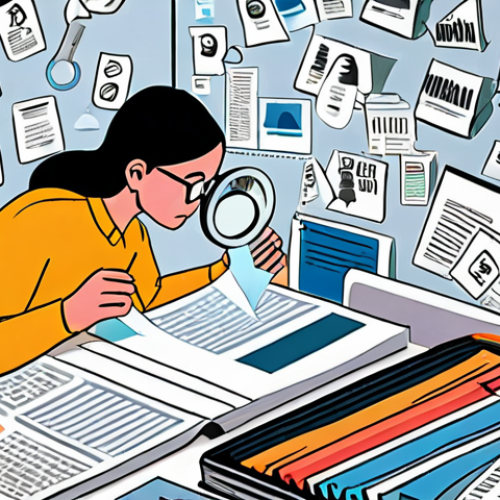 Home 15 ** A vibrant illustration of a person sifting through a mountain of papers (data, news articles) with a magnifying glass, highlighting key information. The key information is then distilled into a single, clear infographic with icons and minimal text. Focus on bright colors and a sense of relief and understanding.
**