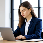 A focused adult professional content creator with a thoughtful, natural expression, sitting at a clean, minimalist wooden desk in a bright, modern co-working space. She is fully clothed in a modest yet stylish professional blazer and a collared shirt, reflecting appropriate attire. Her well-formed hands are gently resting on a laptop keyboard, which displays a content outline with clear hierarchical headings (H1, H2, H3) and a flowing structure. Soft, diffused natural light streams in from a large window, illuminating her workspace. The background is slightly blurred, showing a subtle artistic representation of interconnected concepts and organized information, symbolizing content structure. The overall mood is one of quiet concentration and expertise. perfect anatomy, correct proportions, natural pose, proper finger count, natural body proportions, safe for work, appropriate content, fully clothed, professional dress, family-friendly, high-quality, professional photography, soft focus, detailed.