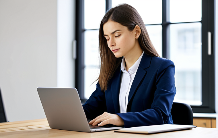 A focused adult professional content creator with a thoughtful, natural expression, sitting at a clean, minimalist wooden desk in a bright, modern co-working space. She is fully clothed in a modest yet stylish professional blazer and a collared shirt, reflecting appropriate attire. Her well-formed hands are gently resting on a laptop keyboard, which displays a content outline with clear hierarchical headings (H1, H2, H3) and a flowing structure. Soft, diffused natural light streams in from a large window, illuminating her workspace. The background is slightly blurred, showing a subtle artistic representation of interconnected concepts and organized information, symbolizing content structure. The overall mood is one of quiet concentration and expertise. perfect anatomy, correct proportions, natural pose, proper finger count, natural body proportions, safe for work, appropriate content, fully clothed, professional dress, family-friendly, high-quality, professional photography, soft focus, detailed.