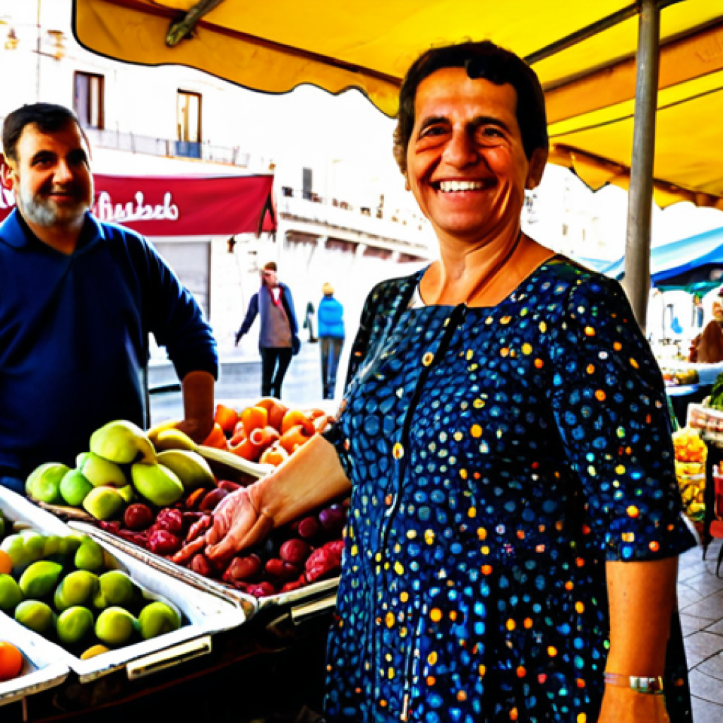 **

"A vibrant marketplace scene in Barcelona, Spain. A friendly woman with a warm smile, fully clothed in a colorful, modest floral dress, is selling fresh produce from her stall. Tables overflow with vibrant fruits and vegetables. Sunlight streams through the awning. Family-friendly atmosphere. Perfect anatomy, correct proportions, natural pose, well-formed hands, proper finger count. Safe for work, appropriate content, professional quality, high resolution."

**